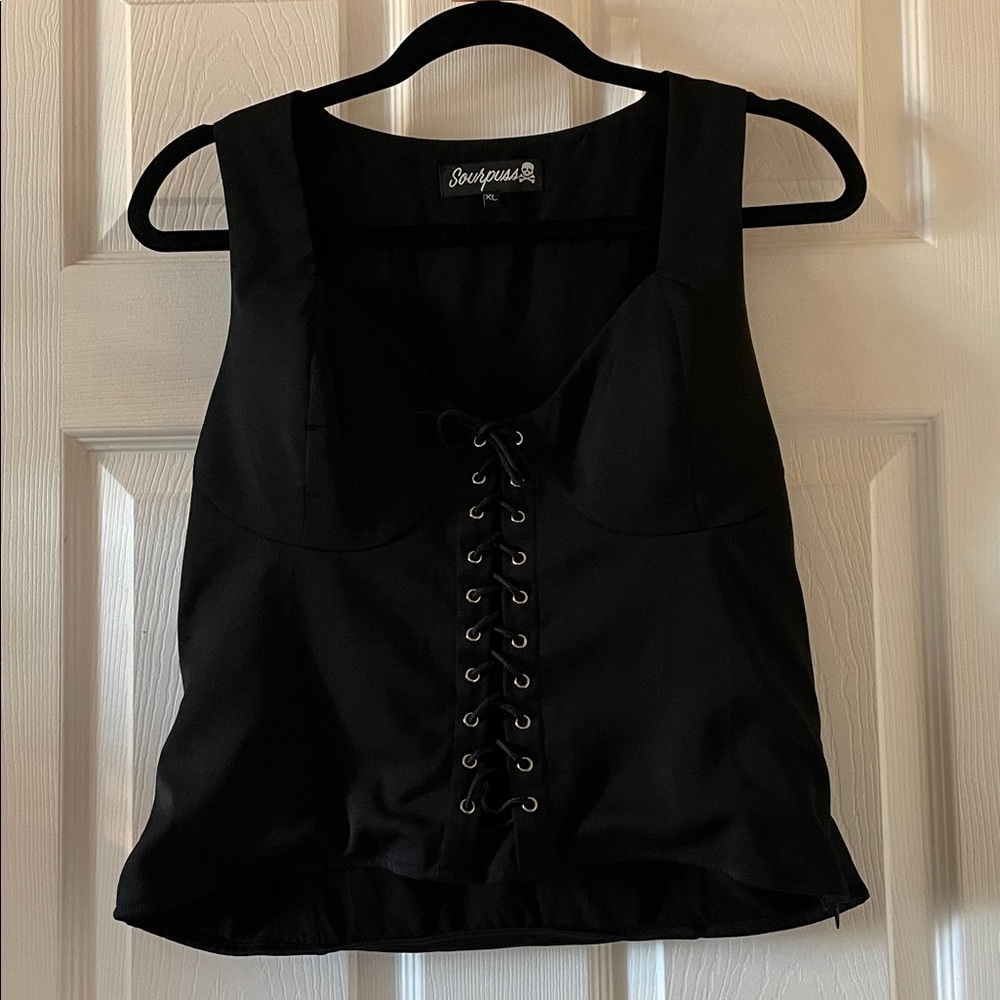 Sourpuss cropped Black Lace-Up Top corset punk goth rockabilly pinup